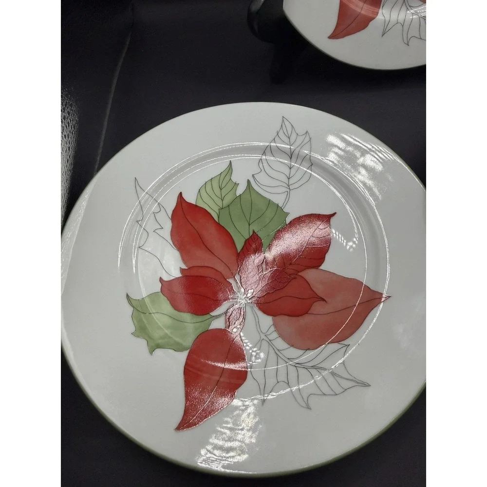 Set Of 3 Salad Plates Block Spal China Poinsettia Pattern Christmas 8
